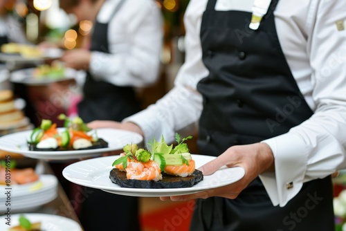Waiter carrying plates with fish dish at festive event  party  or wedding reception in restaurant