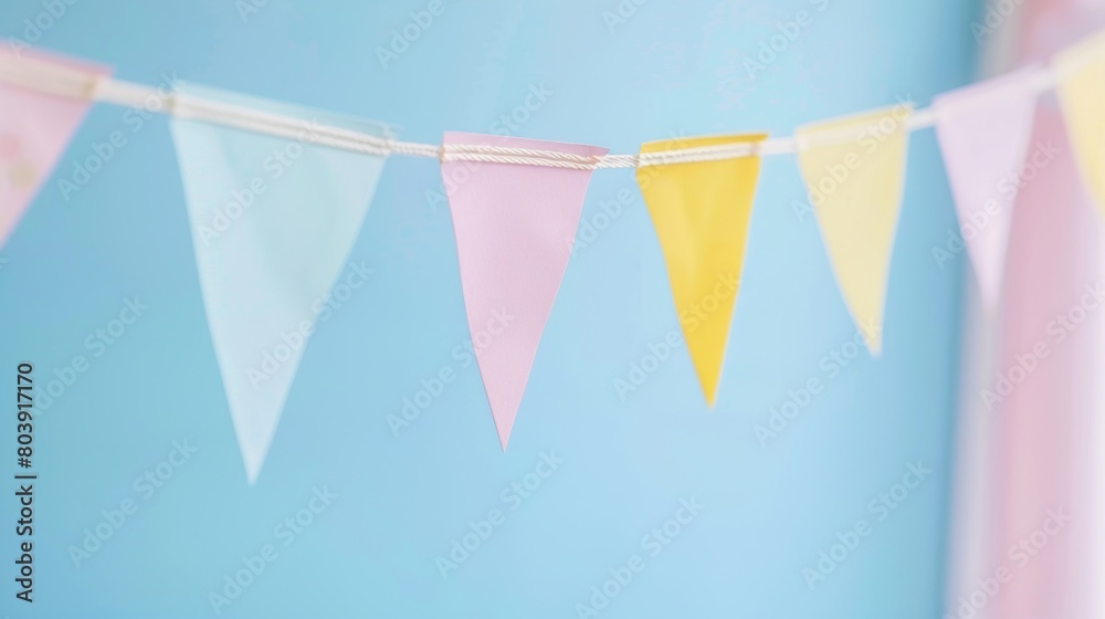 A blue wall adorned with a yellow and pink banner with triangular flags