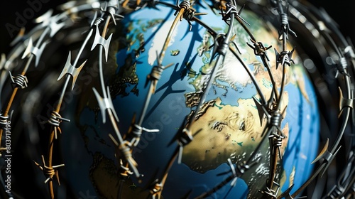 A close-up of a globe surrounded by barbed wire, symbolizing the plight of refugees and their struggle for safety and freedom on World Refugee Day.