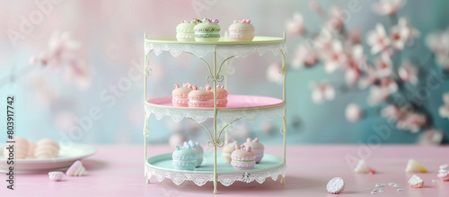A vintage-inspired three-step empty sweet stand, featuring delicate lace patterns and soft pastel hues, evoking a sense of elegance and nostalgia, presented.
