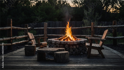 A backyard campfire with a rustic wooden table and a rugged wooden fence, Generative AI