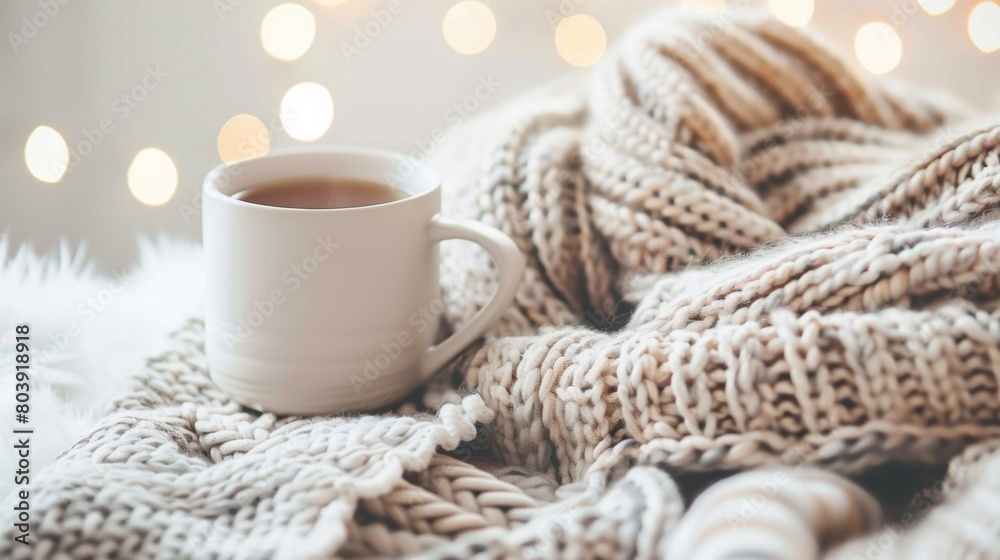A cup of coffee resting on top of a cozy blanket A cup of coffee resting on top of a cozy blanket
