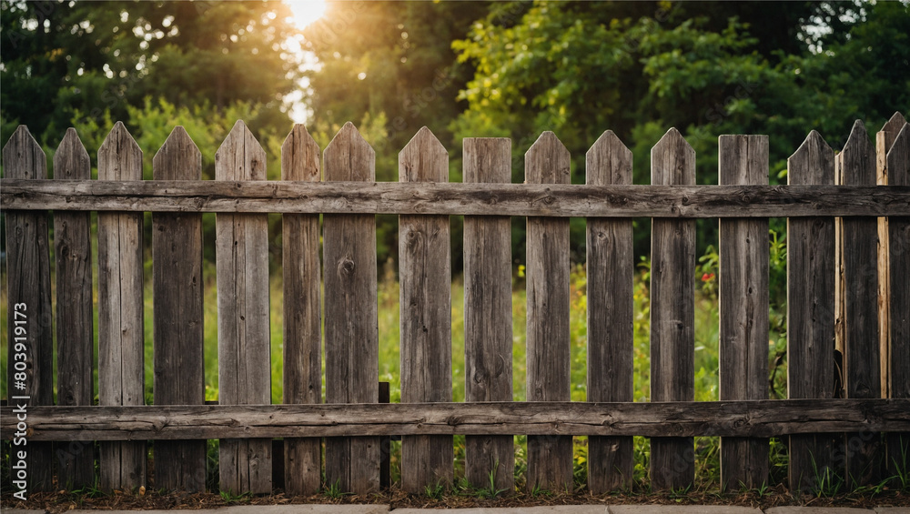 A rustic wooden fence stands tall in the backyard, Generative AI A rustic wooden fence stands tall in the backyard, Generative AI