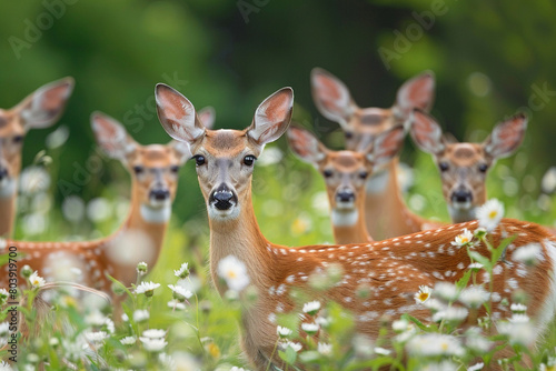 A group of deer peacefully interacting with each other in a blooming meadow