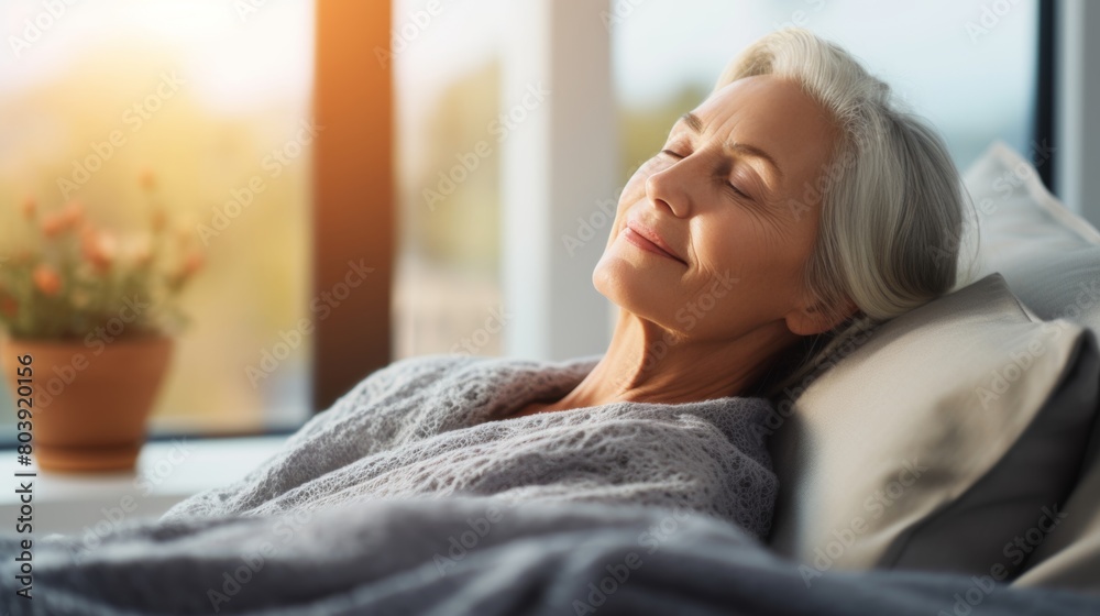 An elderly woman resting in bed with a blanket covering her head An elderly woman resting in bed with a blanket covering her head