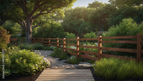 This backyard illustration features a wooden fence that seamlessly blends into the surrounding nature, Generative AI