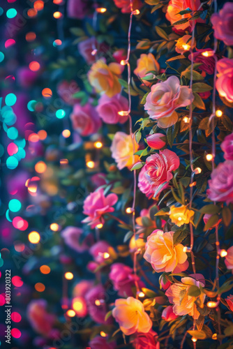 Beautiful fairy lights pattern with flowers for background