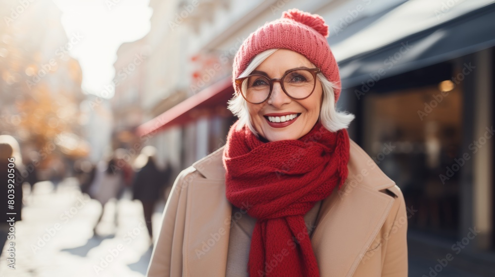 A senior woman wearing glasses and a red scarf A senior woman wearing glasses and a red scarf