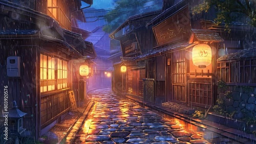 Traditional Japanese house street. Rainy old asian village. Lofi loop anime style animation background video.	