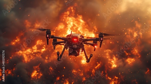 Futuristic firefighting drones, battling blazes in highrise megastructures, heroics