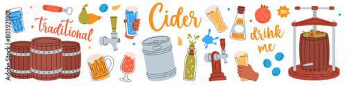 Fruit cider set. Hand drawn craft fruit beer collection. Harvest of pears, apples, plums, pomegranate.