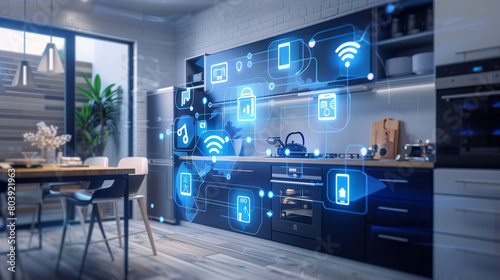 kitchen with remote control elements, smart home concept and internet control