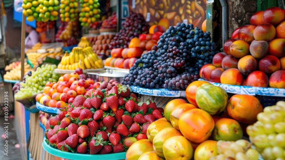 Colorful fruit display in a street market, attracting shoppers with a variety of ripe and succulent options for sale.