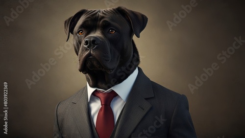 Stylish Cane Corso  Close-Up Street Portrait in Formal Dress Coat and Tie