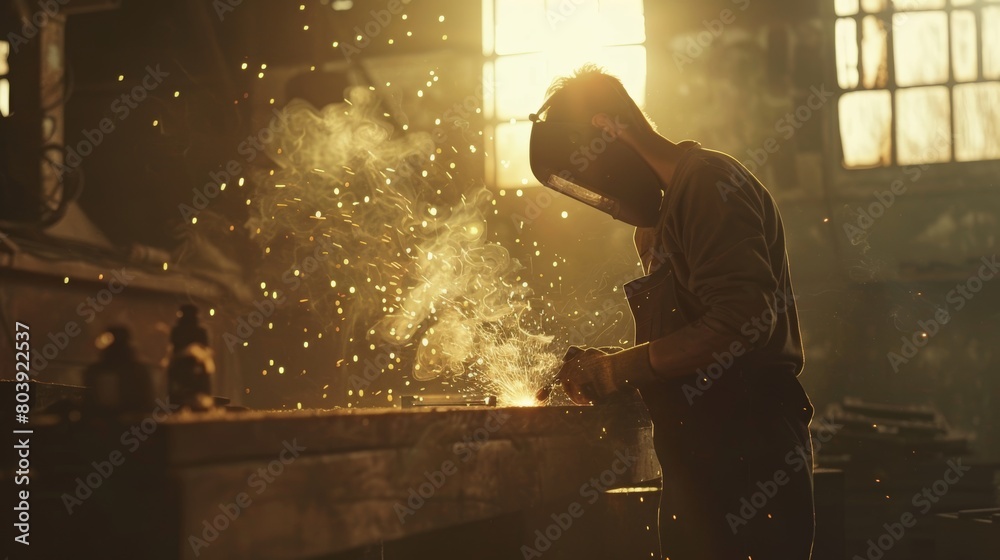 Experienced welder working on metal fabrication project with sparks flying, safety gear on Experienced welder working on metal fabrication project with sparks flying, safety gear on