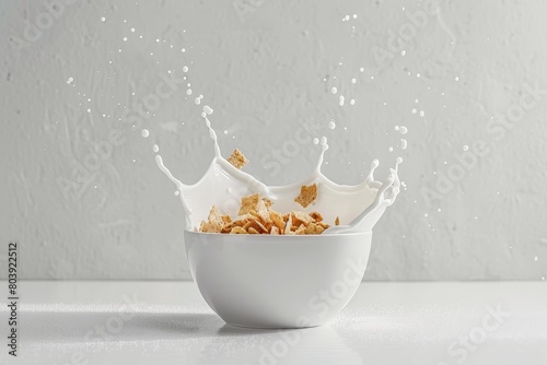 Corn flakes with fresh milk splash in white ceramic bowl isolated on clean white background