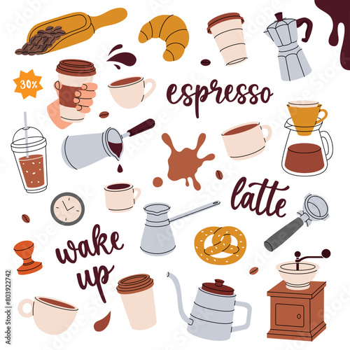 Coffee set. Cafe menu, coffee shop. Beans, drinks, cups, pot, package, grinder, filter, machine, portafilter, kettle. Vector illustration.