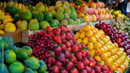 Fresh fruit display at a market stall  showcasing vibrant colors and varieties for sale to customers.