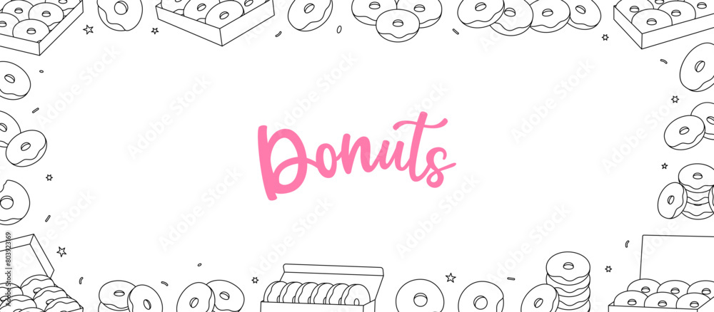Donuts shop horizontal outline banner. Take away donuts. Glazed doughnuts with sprinkles. Bakery sweet pastry food. Vector illustration.
