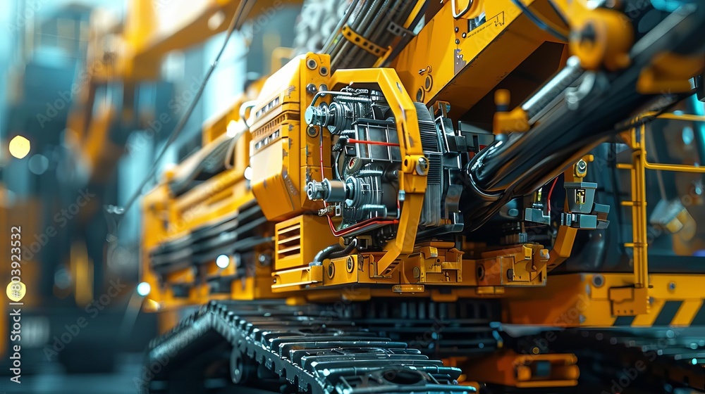 Illustrate a close-up view of a construction cranes intricate machinery