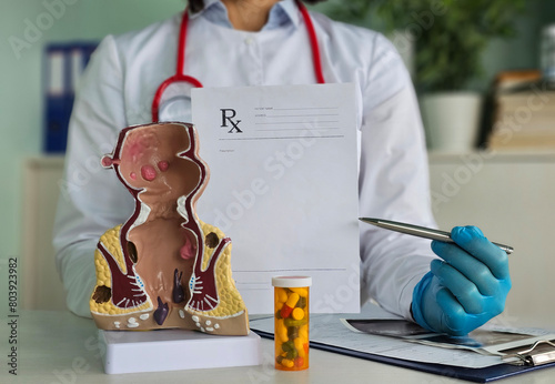 Doctor proctologist holding blisters with pills and anatomical model of rectum . Treatment of hemorrhoids and rectal fissures concept photo