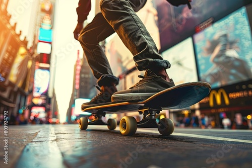 A person riding a skateboard on a busy city street, showcasing skilled maneuvers and tricks. Generative AI photo