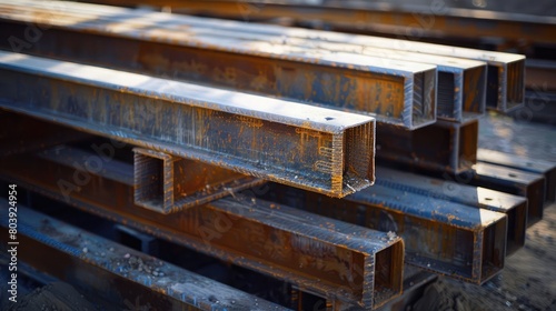 Piles of steel beams and columns at a construction site, ready for assembly in building structures.