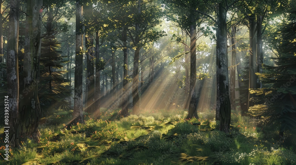 Obraz premium serene forest scene with sun rays filtering through tall trees and casting shadows on the forest floor.