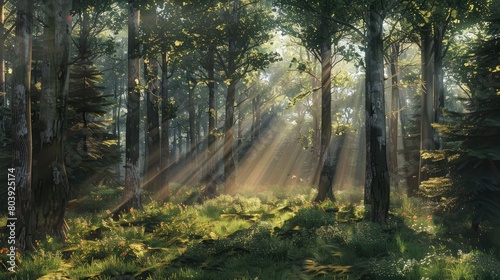 serene forest scene with sun rays filtering through tall trees and casting shadows on the forest floor.