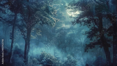 Soft, ethereal waves of moonlight filtering through a canopy of trees, illuminating the forest floor below. © buraratn
