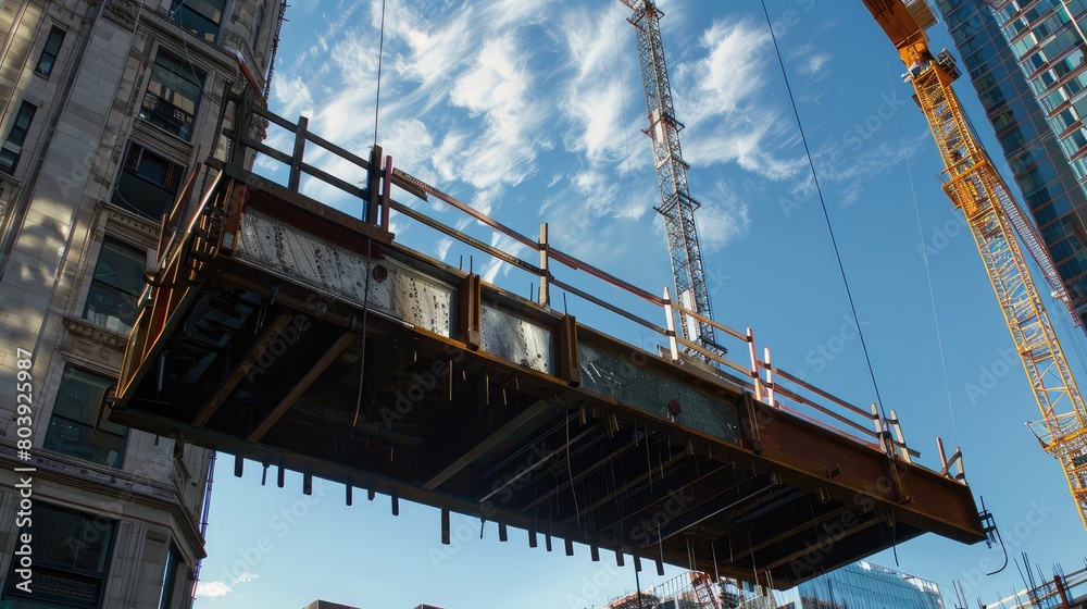 Steel beams and girders being lifted by a crane onto a high-rise construction site for structural assembly. Steel beams and girders being lifted by a crane onto a high-rise construction site for structural assembly.