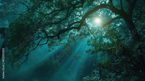 Soft, ethereal waves of moonlight filtering through a canopy of trees, illuminating the forest floor below.
