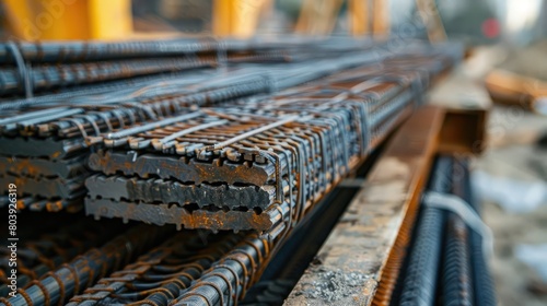 Steel reinforcement bars stacked on pallets at a construction site, ready to be incorporated into concrete structures.