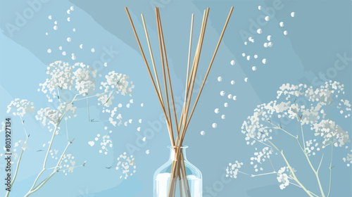 Floral reed diffuser and gypsophila flowers on blue background