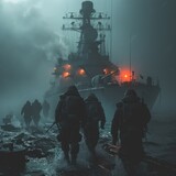 Navy soldiers were seen from behind carrying out a patrol on their way to boarding the warship, in a stormy atmosphere of fog and strong winds