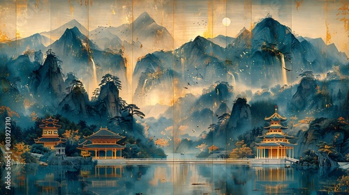 Edge-Lit Ancient Chinese Architecture: Handscroll Art, Detailed Compositions, Naturalistic Flora and Fauna, Historical Aerial View photo