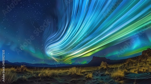 Vibrant streaks of light painting a mesmerizing wave pattern in the night sky, resembling a celestial light show. photo