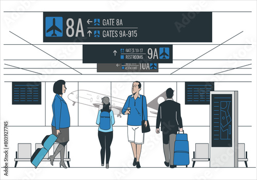 Modern international airport vector illustration. Passengers with luggage in arrival waiting room or departure lounge with chairs, information panels. Terminal hall with big window flat style concept 