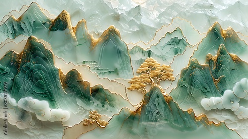 Chinese Landscape Art: Gold Inlaid Jade Carving, Ultra Wide Shot, White & Cyan Mountains, Golden Trees, Floating Clouds, Top Lighting, Minimalist Style photo