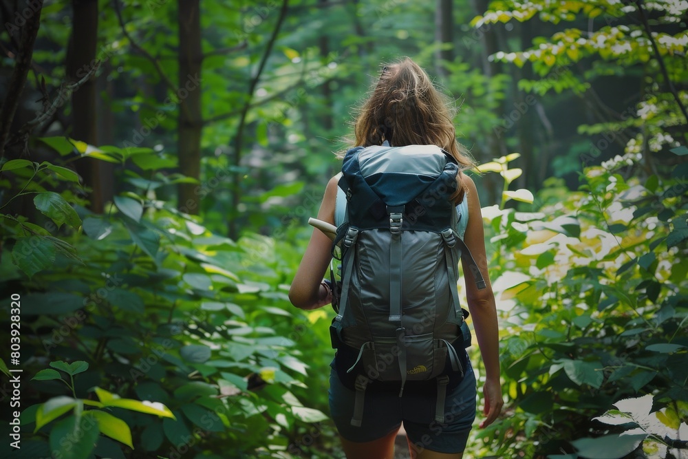 A woman with a backpack hikes through a lush green forest, Summer trekking adventure A woman with a backpack hikes through a lush green forest, Summer trekking adventure