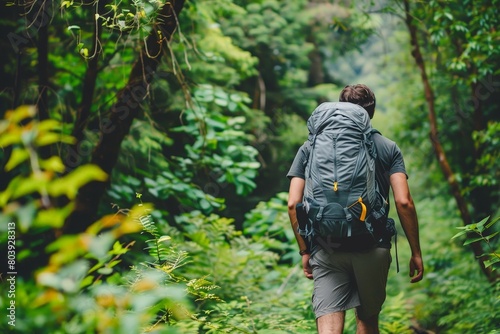 A man with a backpack hikes through a lush green forest, Summer hiking adventure