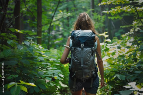 A woman with a backpack hikes through a lush green forest, Summer trekking adventure photo