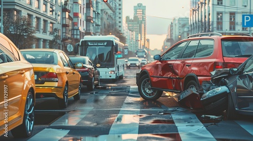 Car accident. Auto collision. Crashed vehicles at urban crossroads. Arguing people. City road traffic. Broken automobiles with bumpers deformation. Transport insurance photo