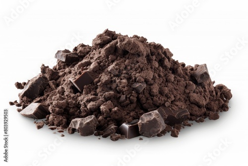 Chopped and milled chocolate pile isolated on white background for baking and desserts