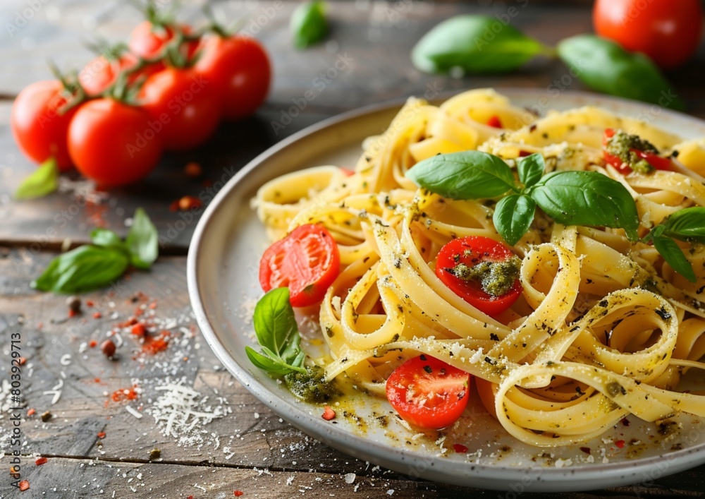 Fettuccine spaghetti pasta with pesto sauce and tomatoes in white plate on wooden background.