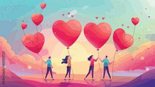 Four of people with red heart shaped balloons on color