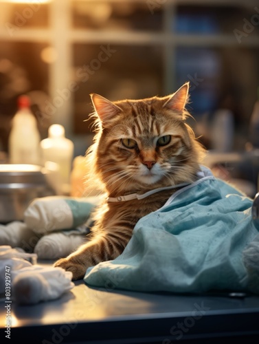 Pet cat waits on gurney, at vet, for checkup