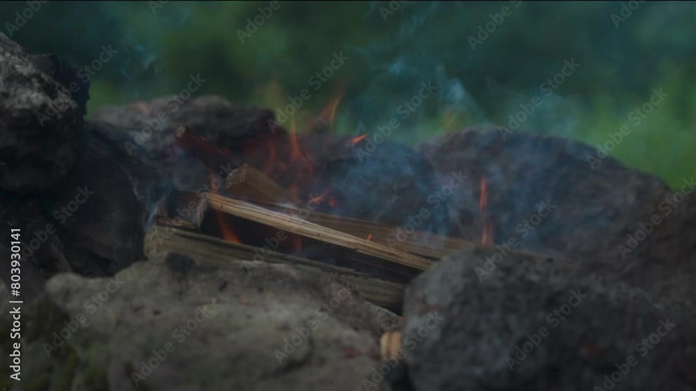 Campfire in the forest. Beautiful wooden campfire on fire between rocks ...