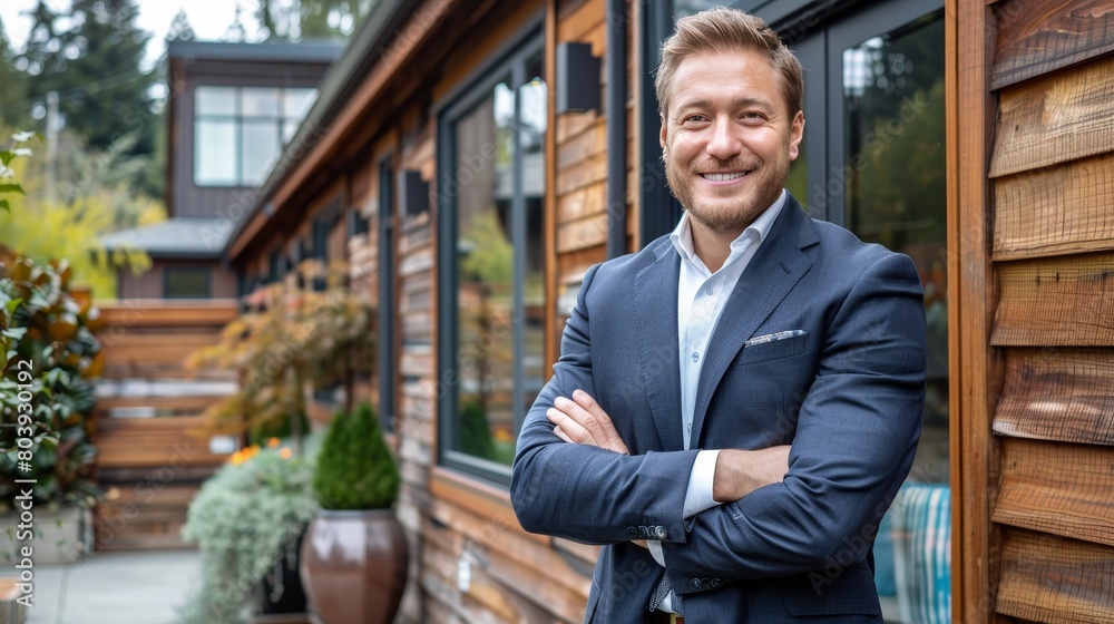 Confident american real estate agent outside modern home ready to assist potential buyers Confident american real estate agent outside modern home ready to assist potential buyers