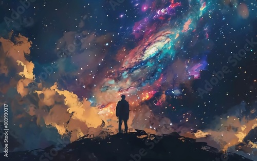 man with colorful energy, digital art style, painting illustration with stars in front of the Milky Way galaxy